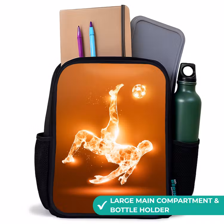 Kids backpack - Black - Orange light soccer player in floating moment — 10