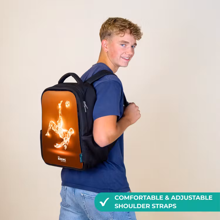 Kids backpack - Black - Orange light soccer player in floating moment — 11