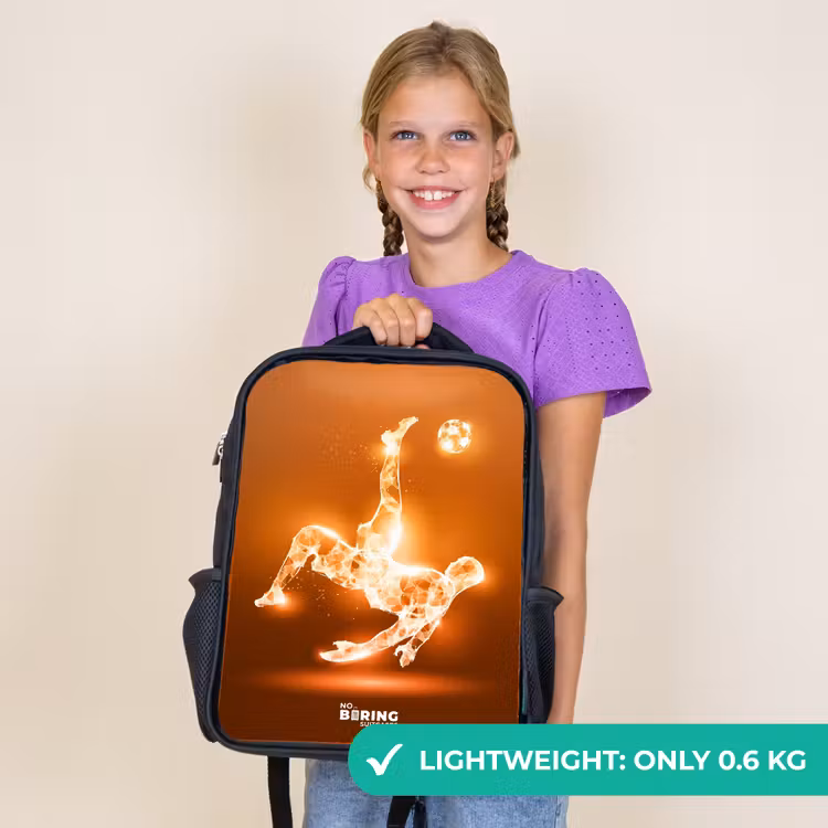Kids backpack - Black - Orange light soccer player in floating moment — 9