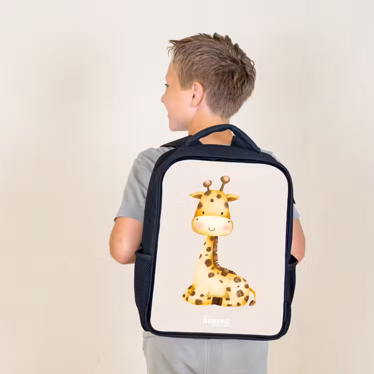 Kids backpack - Black - Reclining giraffe illustration on beige background — 2