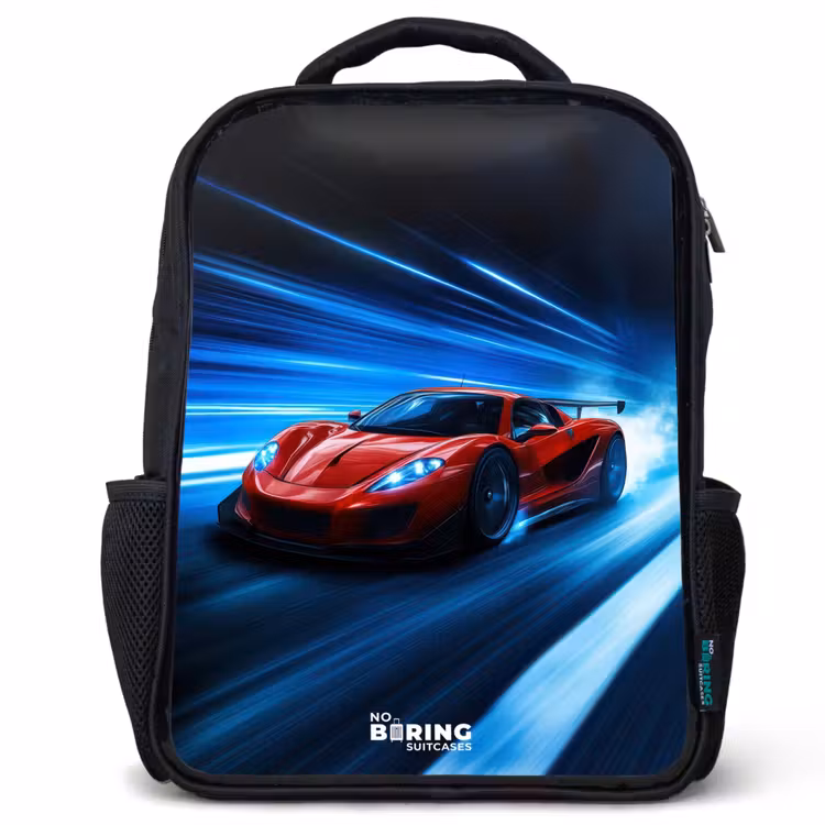 Kids backpack - Black - Red racing car in digital speed world — 1