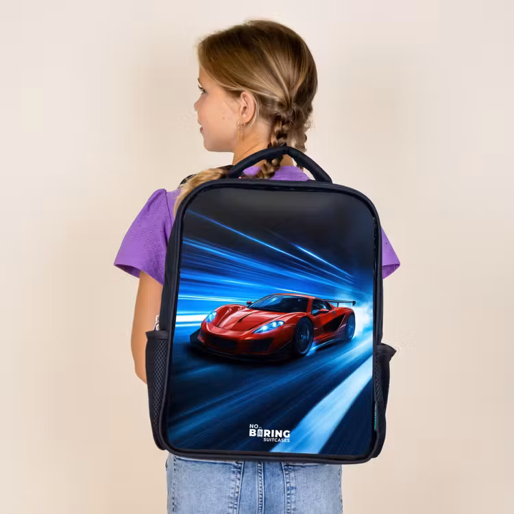 Kids backpack - Black - Red racing car in digital speed world — 4