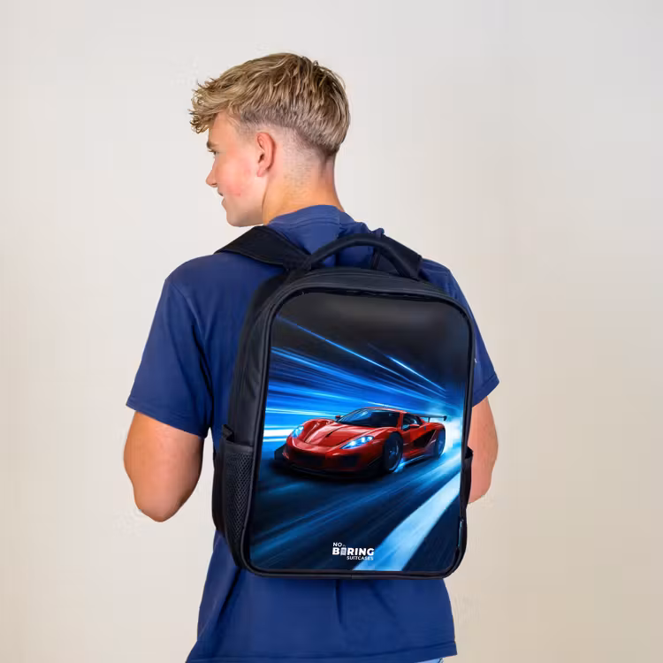 Kids backpack - Black - Red racing car in digital speed world — 5