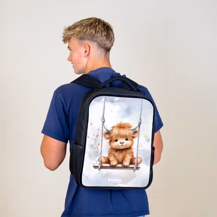 Kids backpack - Black - Rocking Scottish highlander calf of watercolor — 5