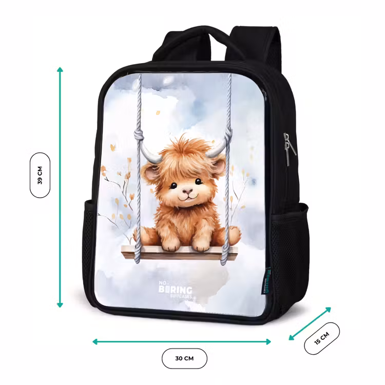 Kids backpack - Black - Rocking Scottish highlander calf of watercolor — 8