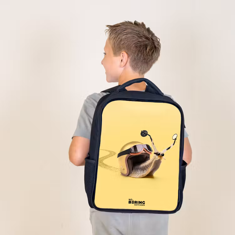 Kids backpack - Black - Snail with motorcycle helmet — 2