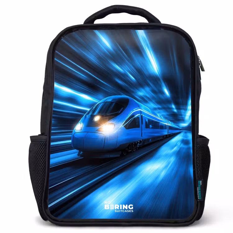 Kids backpack - Black - Superfast train in neon blue tunnel — 1