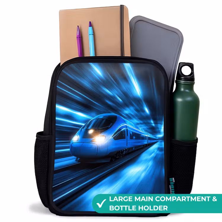 Kids backpack - Black - Superfast train in neon blue tunnel — 10