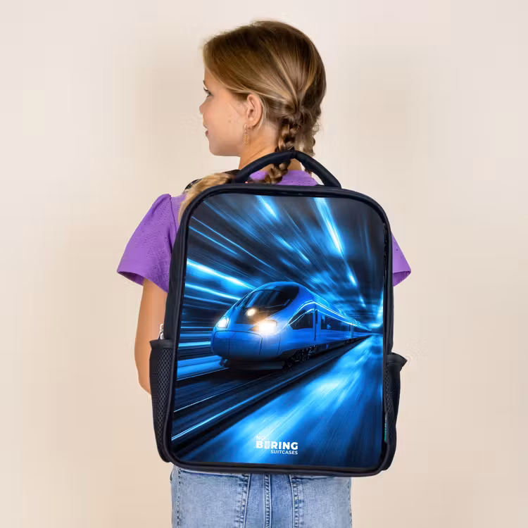 Kids backpack - Black - Superfast train in neon blue tunnel — 4