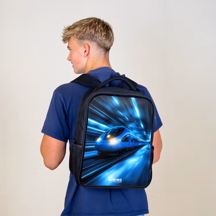 Kids backpack - Black - Superfast train in neon blue tunnel — 5