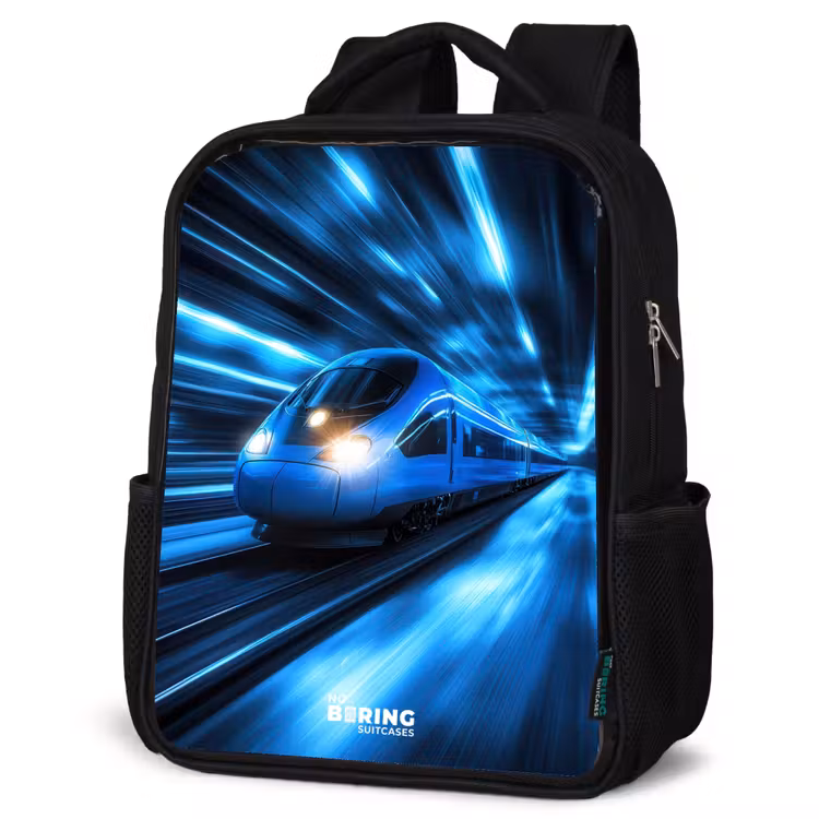 Kids backpack - Black - Superfast train in neon blue tunnel — 6