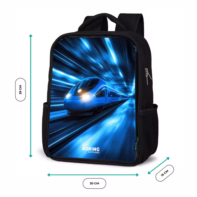 Kids backpack - Black - Superfast train in neon blue tunnel — 8