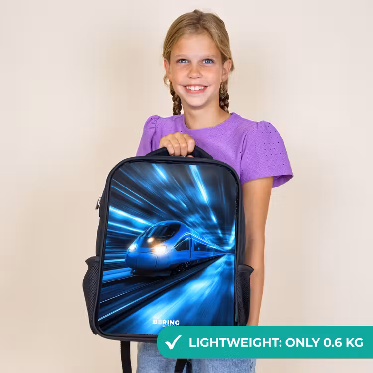Kids backpack - Black - Superfast train in neon blue tunnel — 9