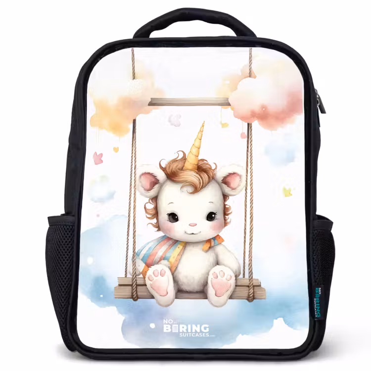 Kids backpack - Black - White baby unicorn on a swing in the clouds — 1