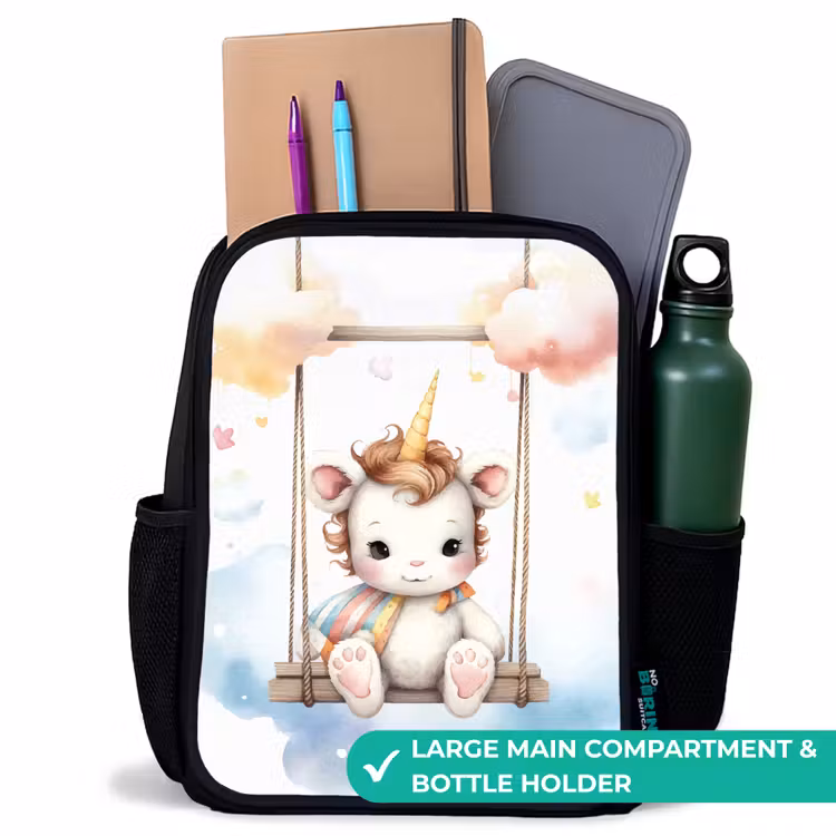 Kids backpack - Black - White baby unicorn on a swing in the clouds — 10