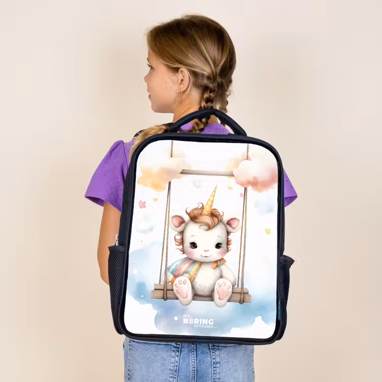 Kids backpack - Black - White baby unicorn on a swing in the clouds — 4