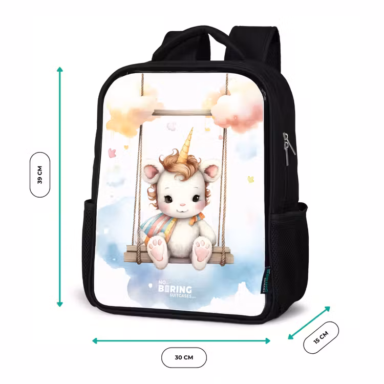 Kids backpack - Black - White baby unicorn on a swing in the clouds — 8