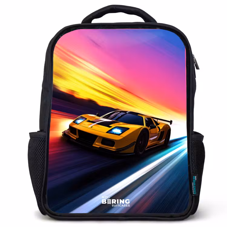 Kids backpack - Black - Yellow race car at colorful sunset — 1
