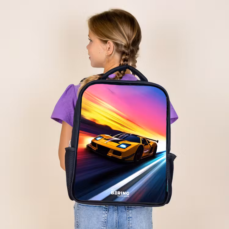 Kids backpack - Black - Yellow race car at colorful sunset — 4