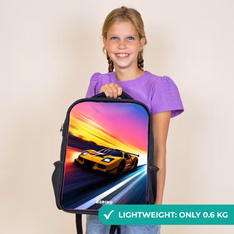 Kids backpack - Black - Yellow race car at colorful sunset — 9