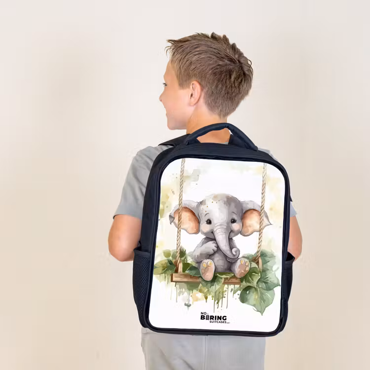 Kids backpack - Black - Young elephant on a swing watercolor drawing — 2