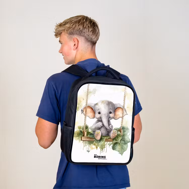 Kids backpack - Black - Young elephant on a swing watercolor drawing — 5
