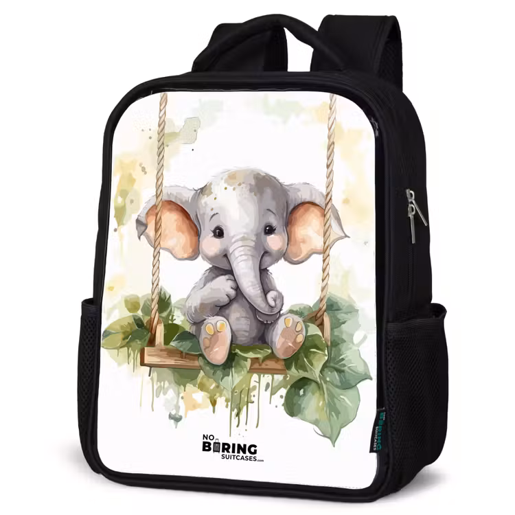 Kids backpack - Black - Young elephant on a swing watercolor drawing — 6