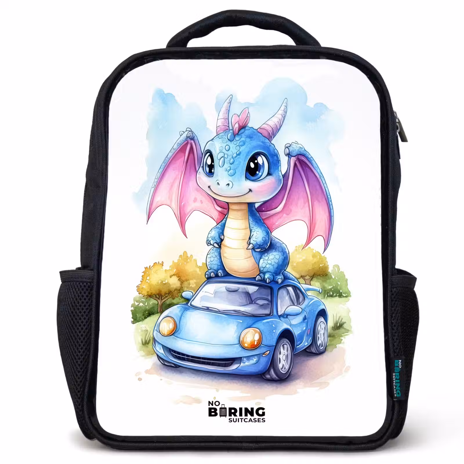 Kids backpack - Black - Baby dragon on blue car in wooded landscape — 1