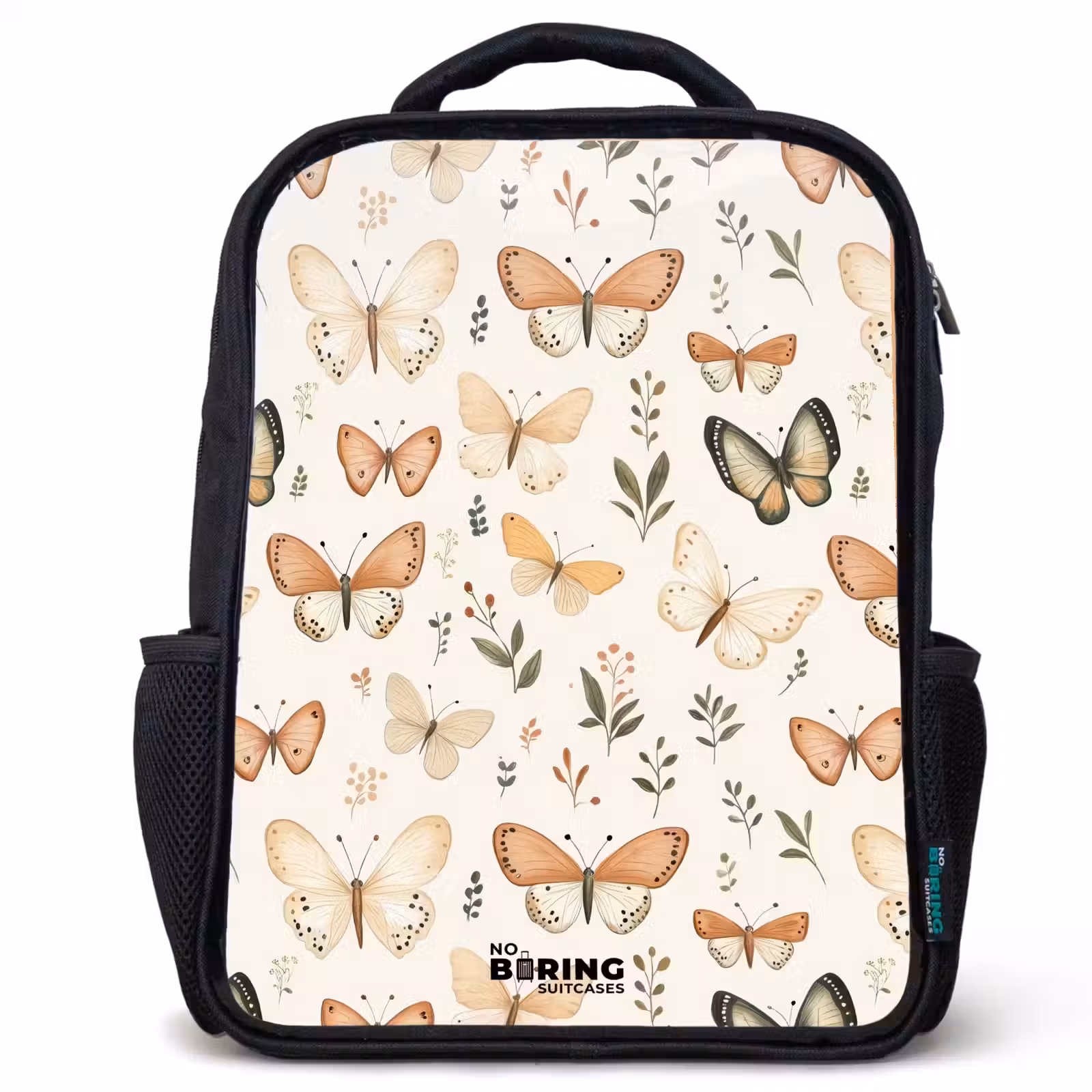 Kids backpack - Black - Butterflies in beige and orange tones among green leaves — 1