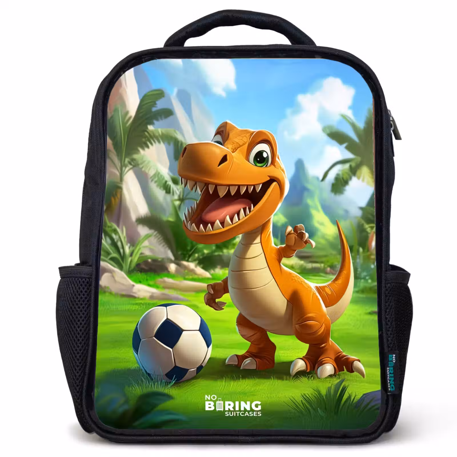 Kids backpack - Black - Dino with a soccer in green landscape — 1