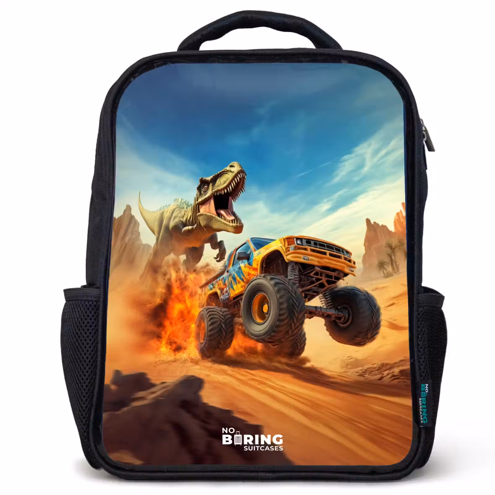 Kids backpack - Black - Fleeing truck for T-Rex in fiery desert — 1