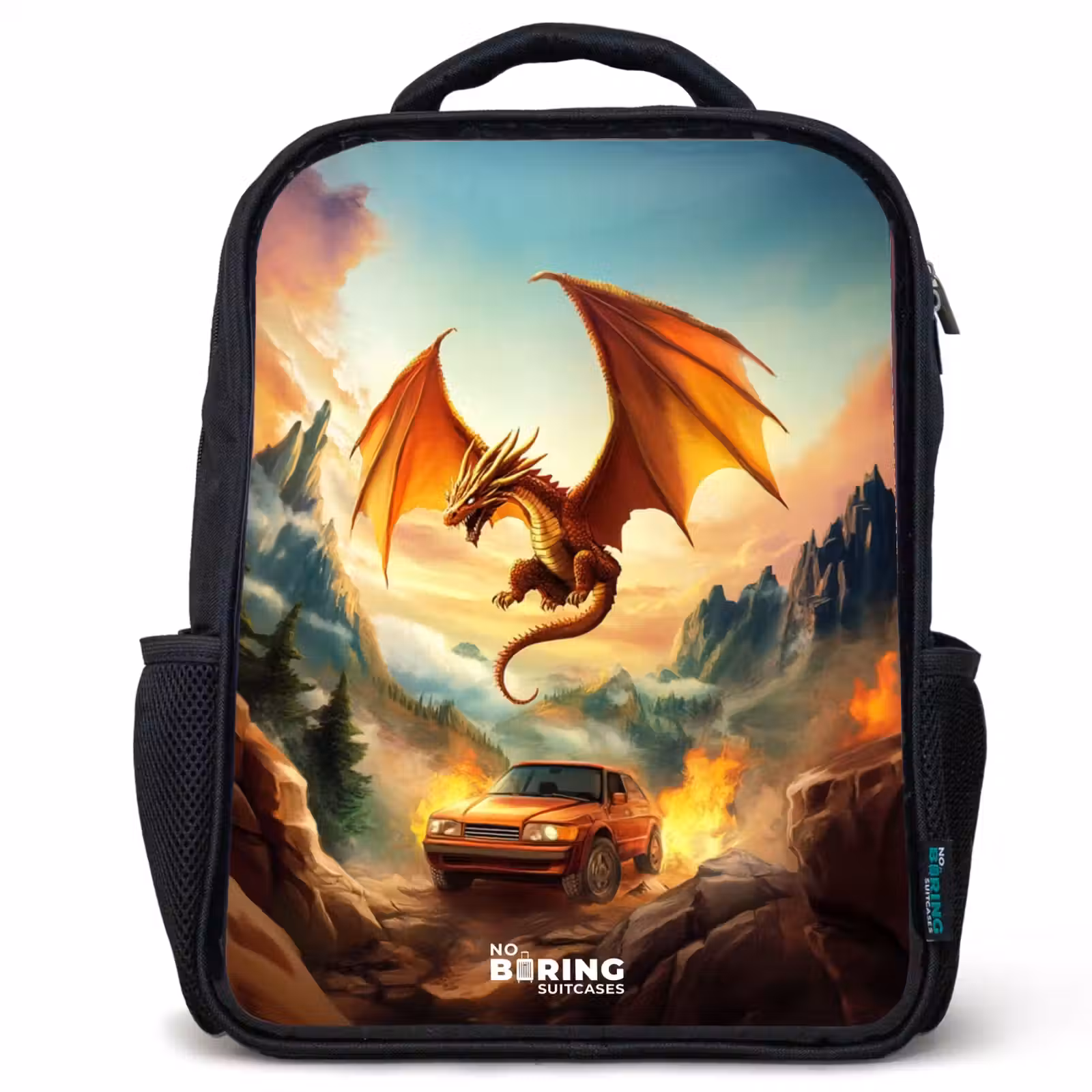 Kids backpack - Black - Flying dragon over fiery mountain road — 1