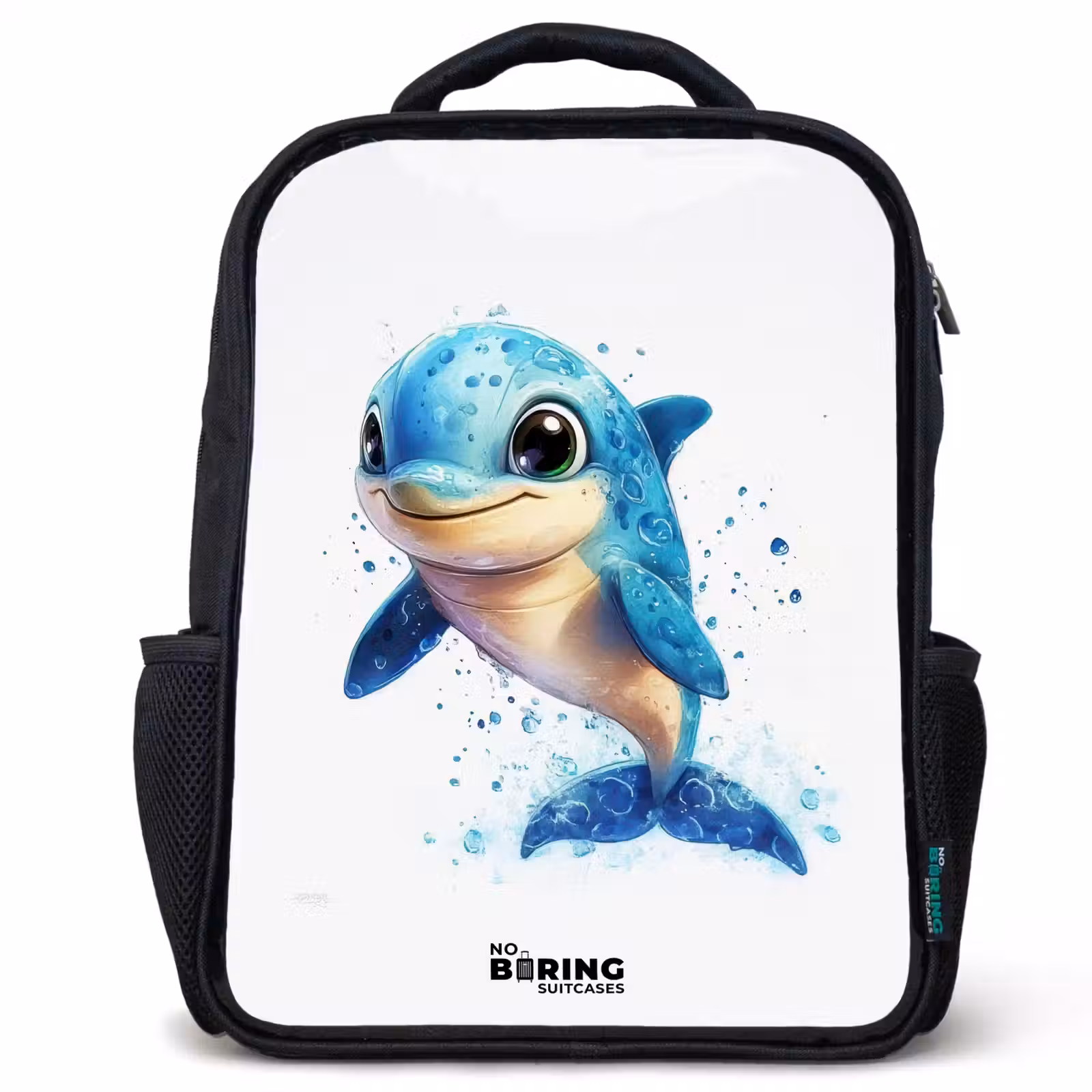 Kids backpack - Black - Happy dolphin with water drops on white — 1