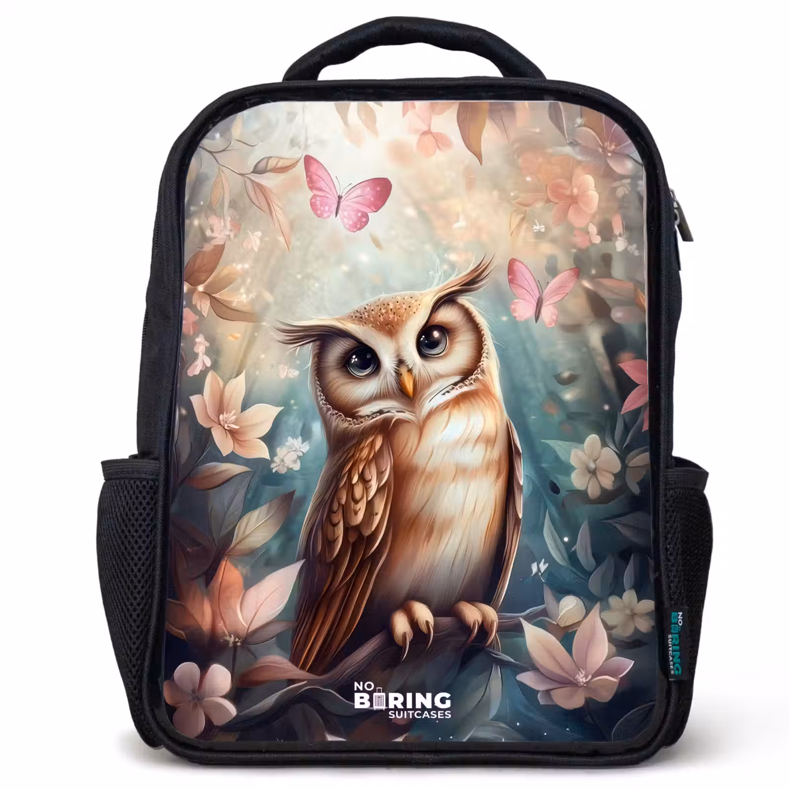 Kids backpack - Black - Owl with butterflies in mystical forest — 1