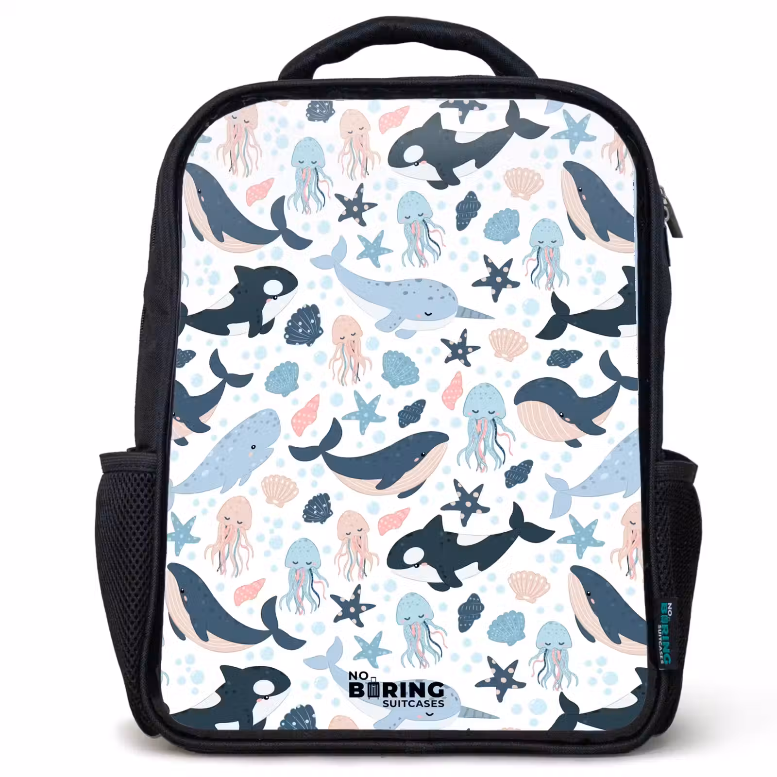Kids backpack - Black - Sea animal pattern with whales, jellyfish and orcas — 1