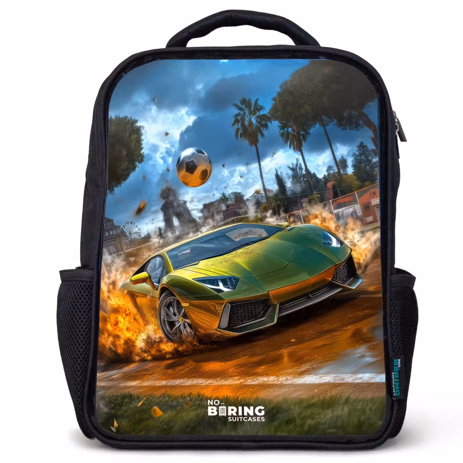 Kids backpack - Black - Sports car crashes through soccer field with ball — 1