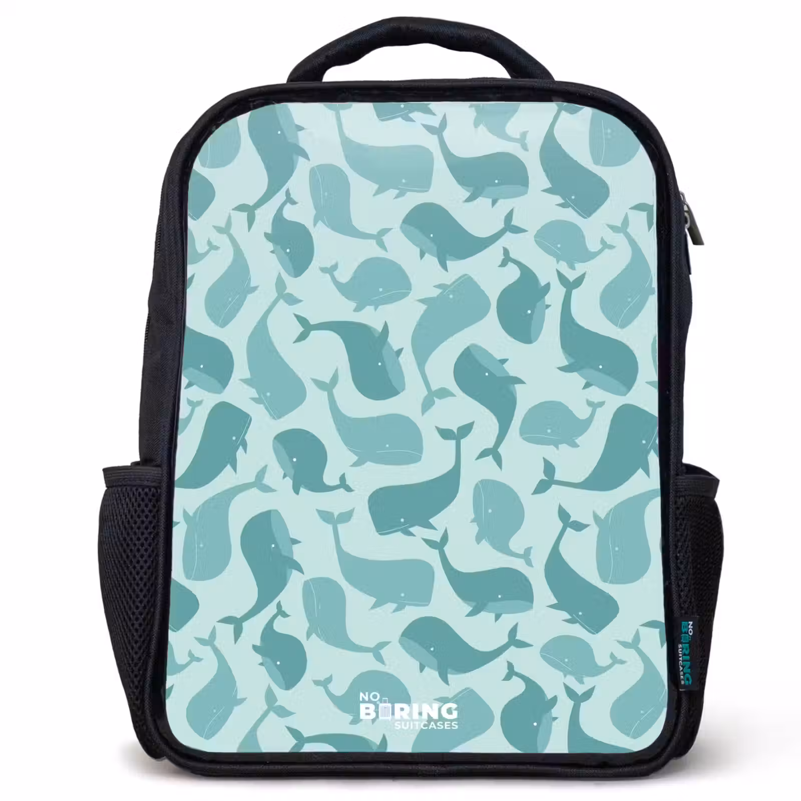 Kids backpack - Black - Stylized whales in tonal sea green hues — 1