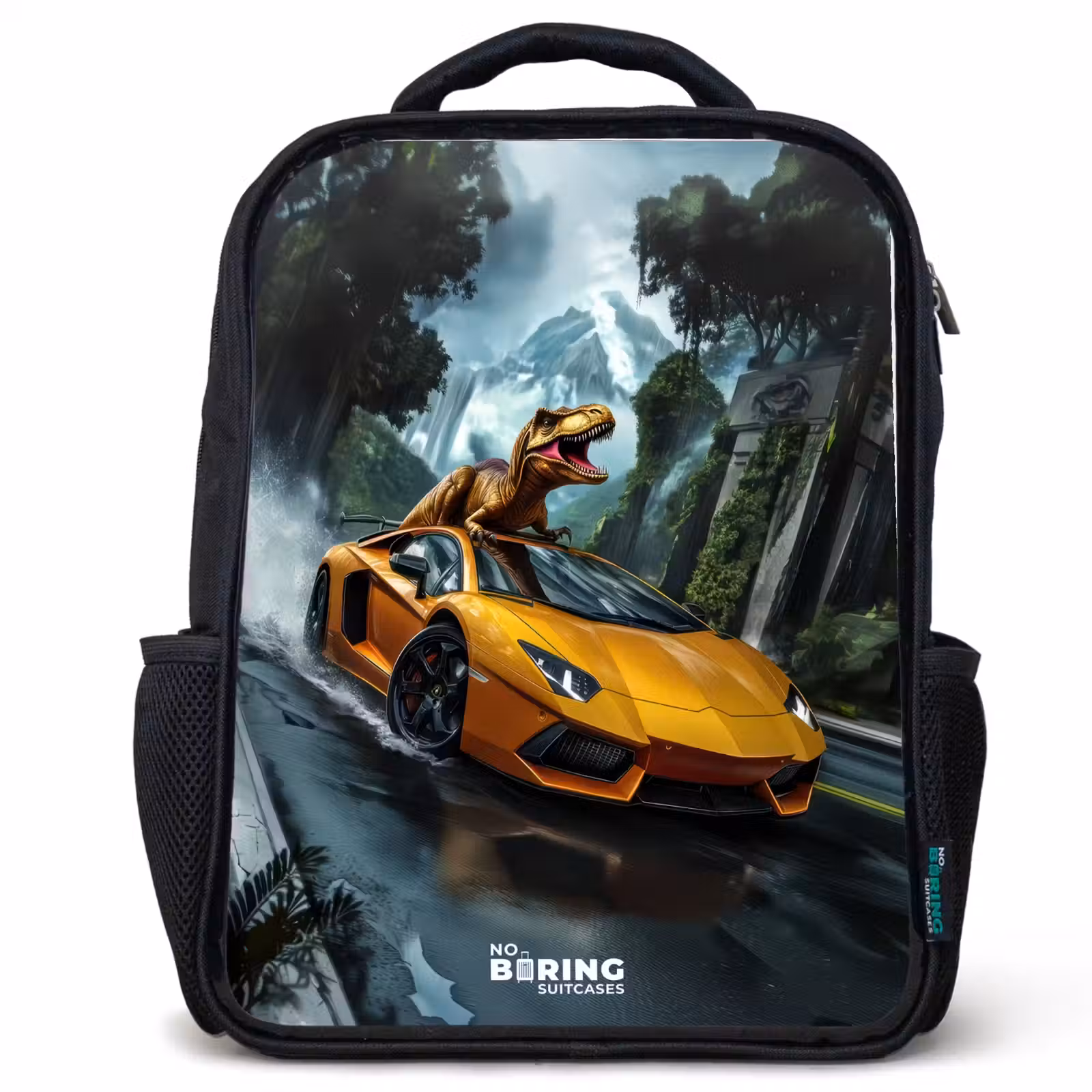 Kids backpack - Black - T-Rex on orange sports car in rainy forest — 1