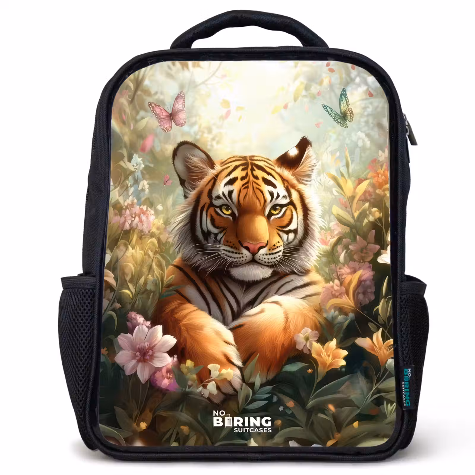 Kids backpack - Black - Tiger in field of flowers with butterflies and sunlight — 1