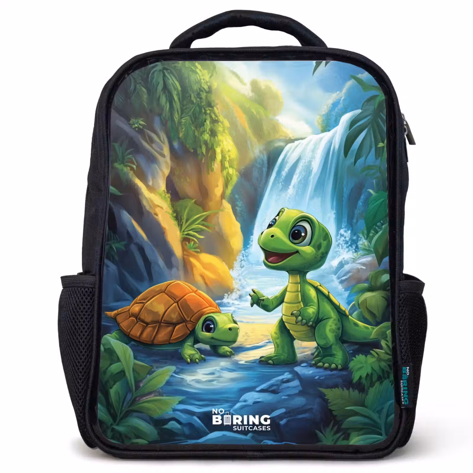 Kids backpack - Black - Turtle and dino at waterfall in tropical forest — 1