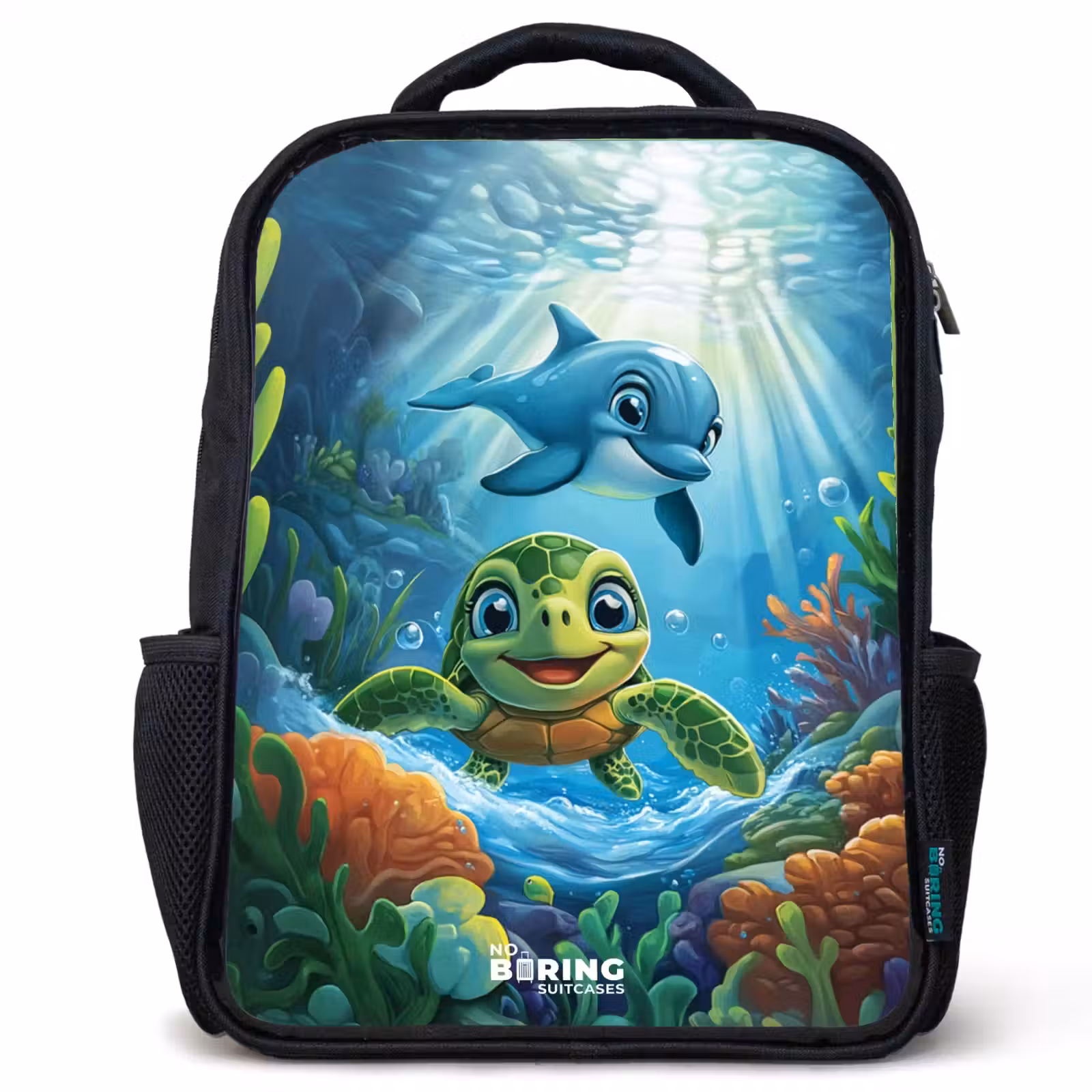 Kids backpack - Black - Turtle and dolphin in blue ocean — 1