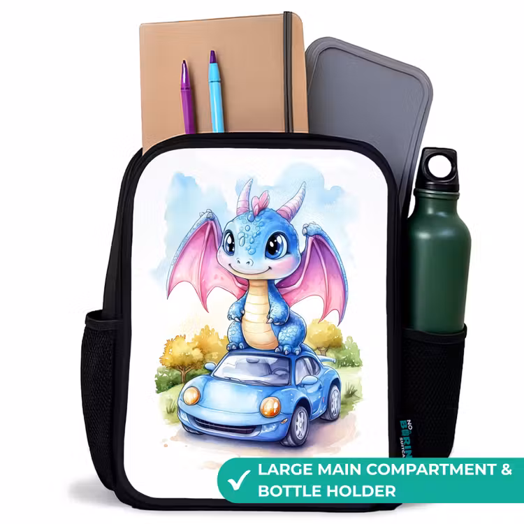 Kids backpack - Black - Baby dragon on blue car in wooded landscape — 10