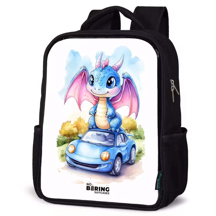 Kids backpack - Black - Baby dragon on blue car in wooded landscape — 6
