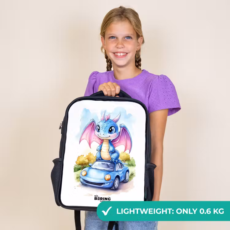 Kids backpack - Black - Baby dragon on blue car in wooded landscape — 9