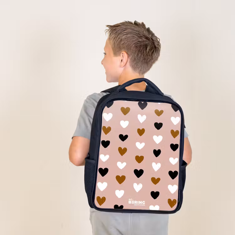 Kids backpack - Black - Black, white and brown heart pattern on vintage pink background — 2
