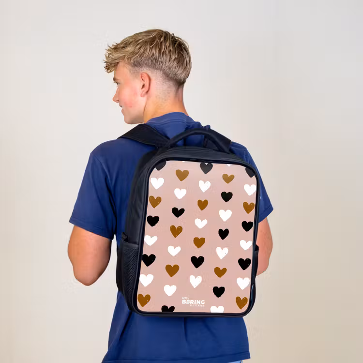Kids backpack - Black - Black, white and brown heart pattern on vintage pink background — 5