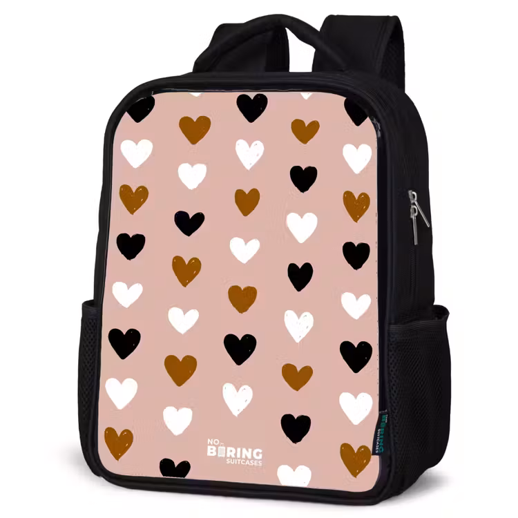 Kids backpack - Black - Black, white and brown heart pattern on vintage pink background — 6
