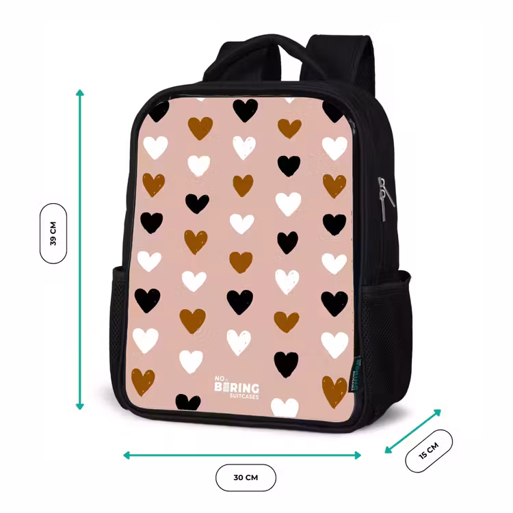 Kids backpack - Black - Black, white and brown heart pattern on vintage pink background — 8