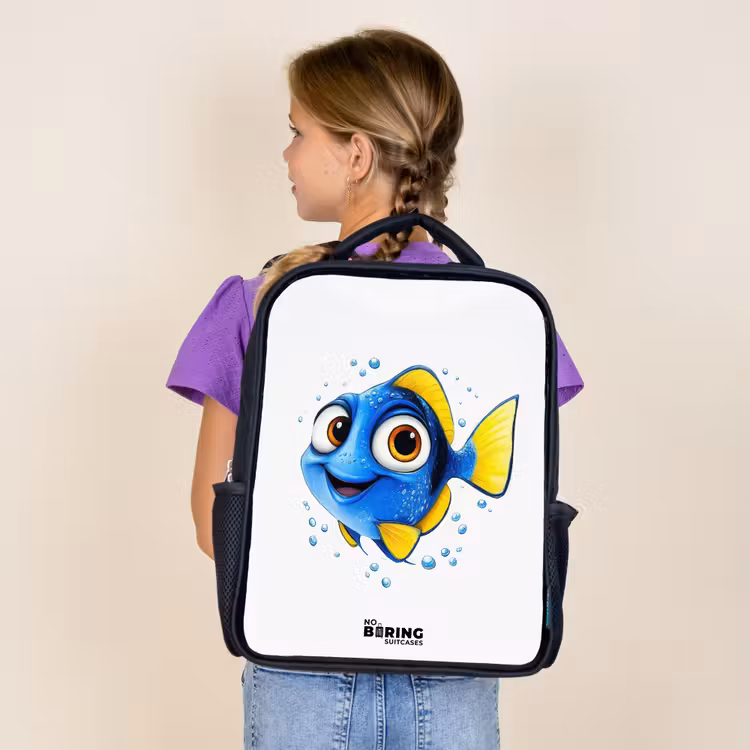 Kids backpack - Black - Blue fish with yellow fins and happy look — 4