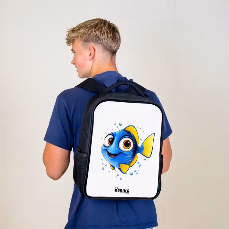 Kids backpack - Black - Blue fish with yellow fins and happy look — 5